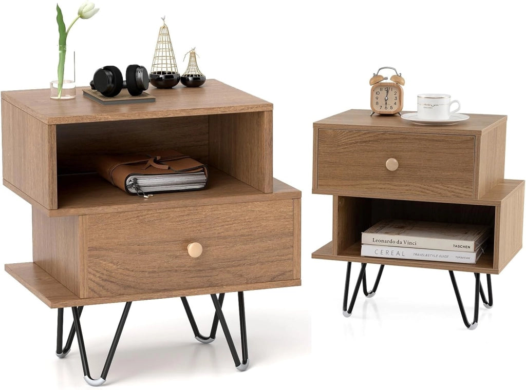 Set di 2 Comodini Camera da Letto con Scomparto e Cassetto, Comodini Piccoli in Legno, Armadietto da Ufficio, Tavolino Lato Moderno per Soggiorno, 39 x 29 x 47 cm (L x P x A) (Naturale)