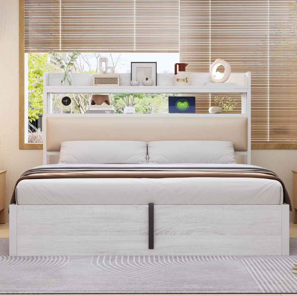 Letto 180x200 cm con contenitore idraulico in metallo; legno e tessuto bianco