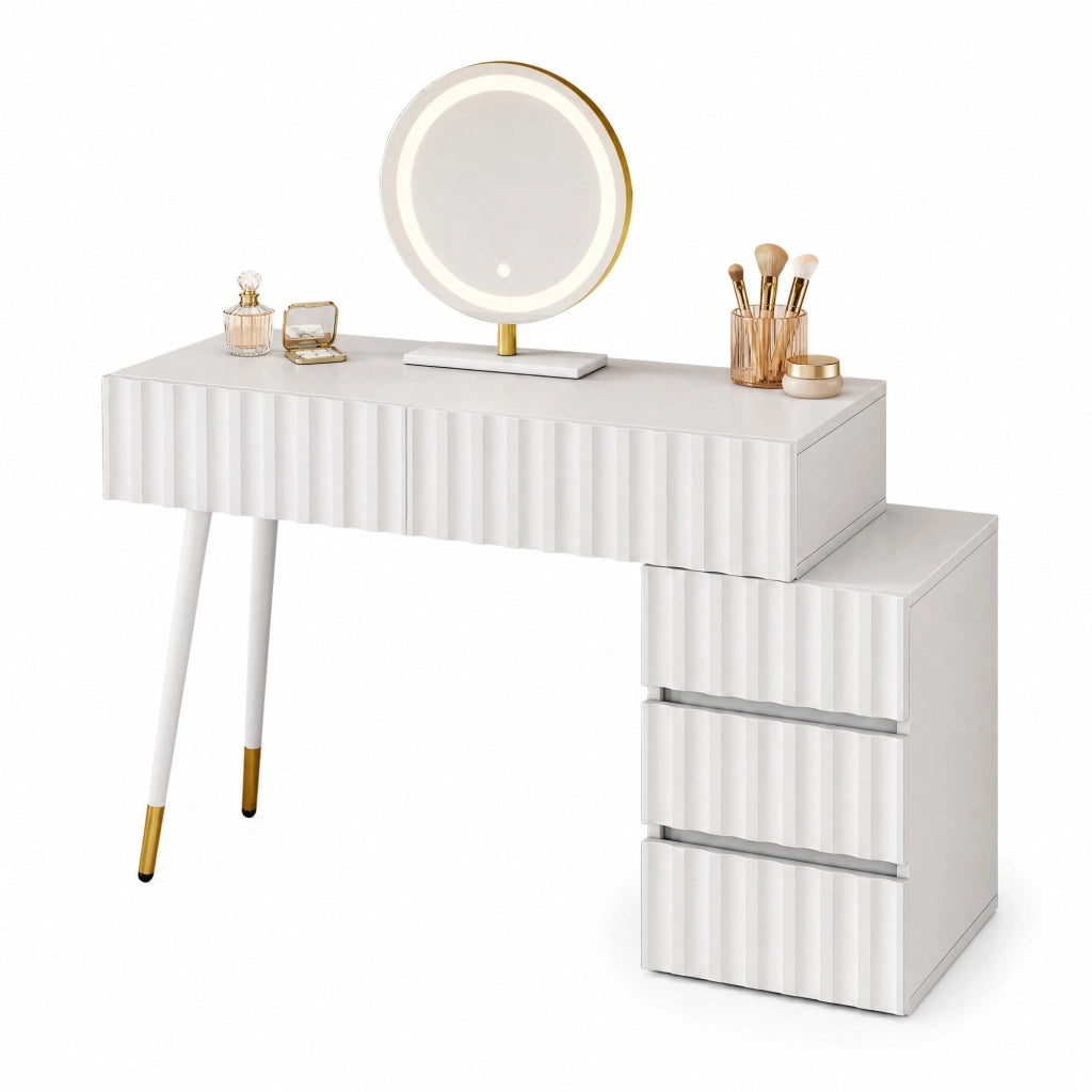 Toeletta bianca con specchio LED, 5 cassetti e modulo laterale