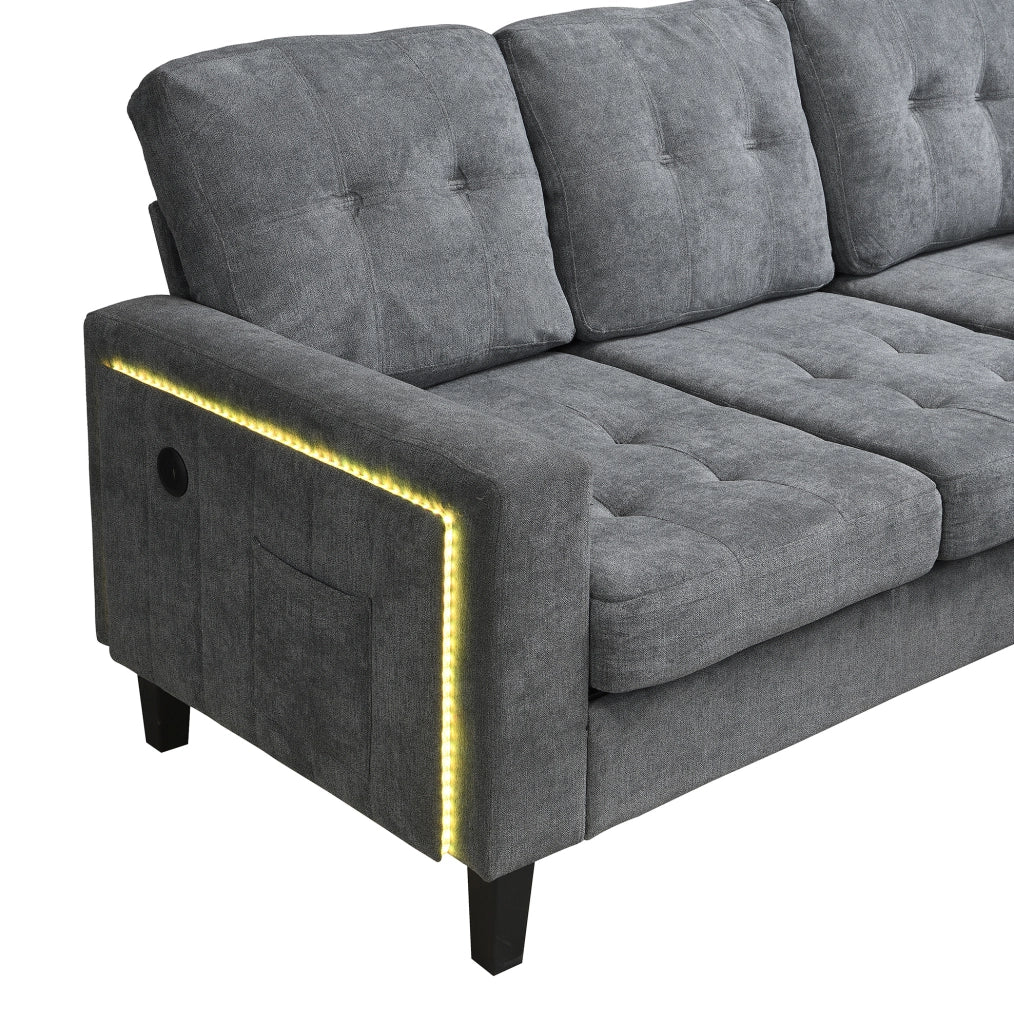 Divano letto angolare 185x135x85 cm; modulare con pouf mobile; LED e USB in chenille grigio antico