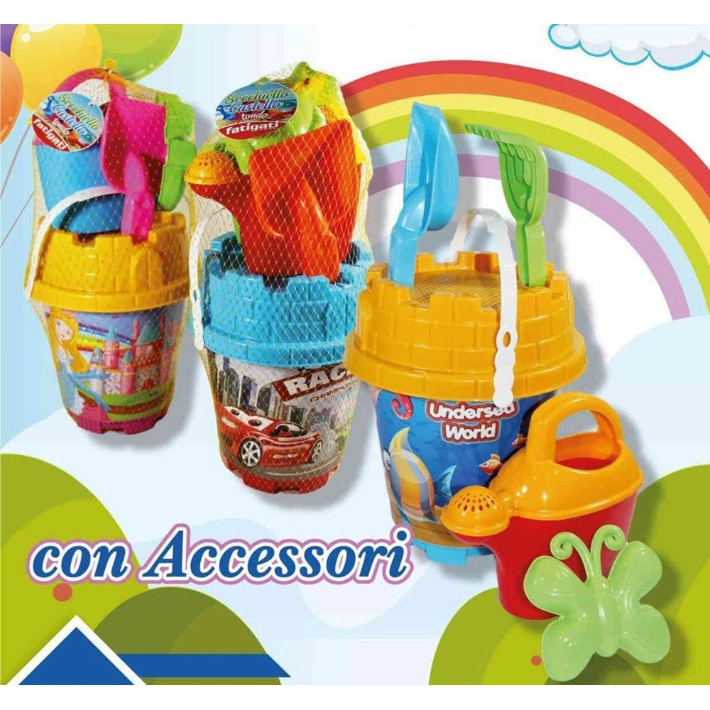 Trade Shop - Set Secchiello Da Spiaggia Varie Grafiche Assortite Con Accessori Mare Tondo 406678 -
