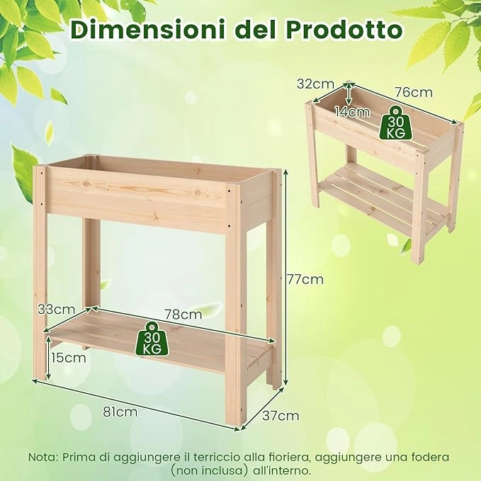 Letto da Giardino Rialzato in Legno, Fioriera Elevata con Ripiano, Drenaggio, Contenitore per Fiori, Erbe e Frutta, Scatola da Giardinaggio per Interno ed Esterno, 81x37x77CM