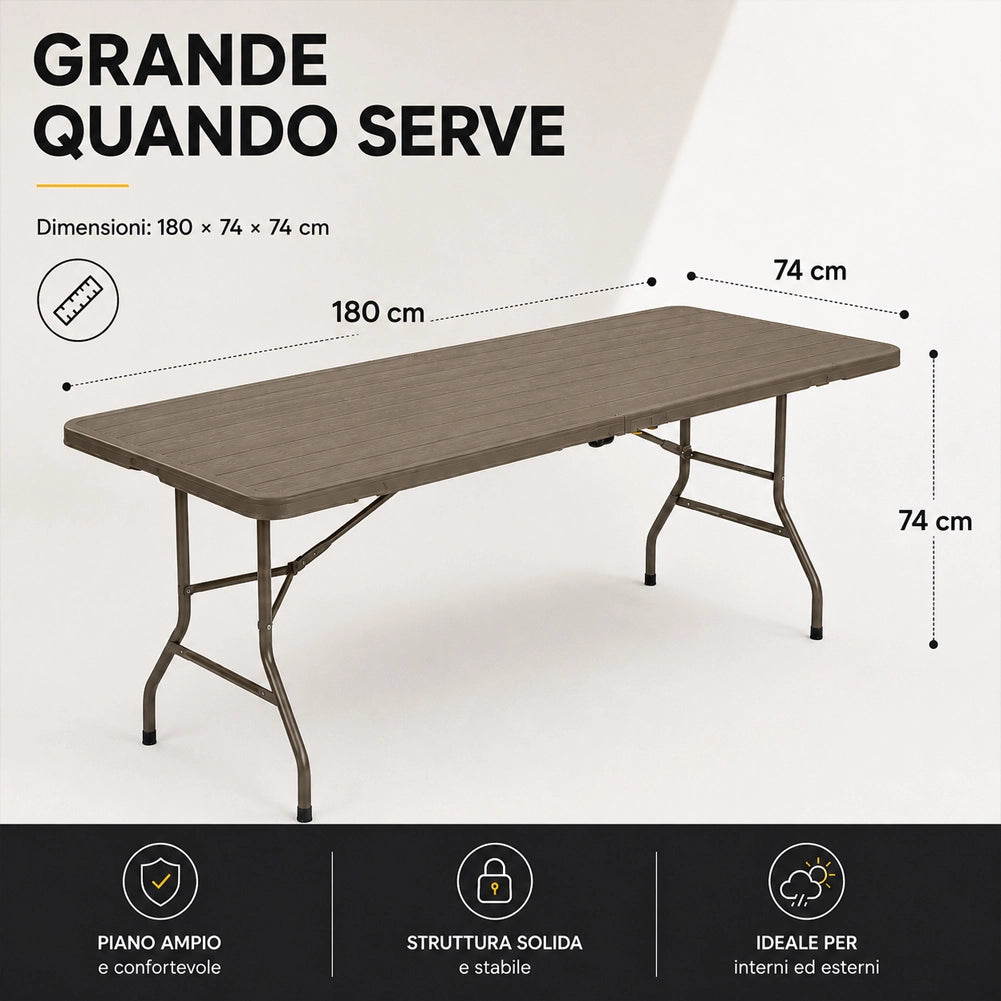 Tavolo Pieghevole Tortora Effetto Legno Resistente Tavolino Esterno 180x74x74cm