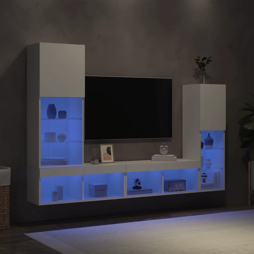 Mobili TV a Muro con LED 4pz | Armadietto TV | Mobile Porta TV Bianchi in Legno Multistrato