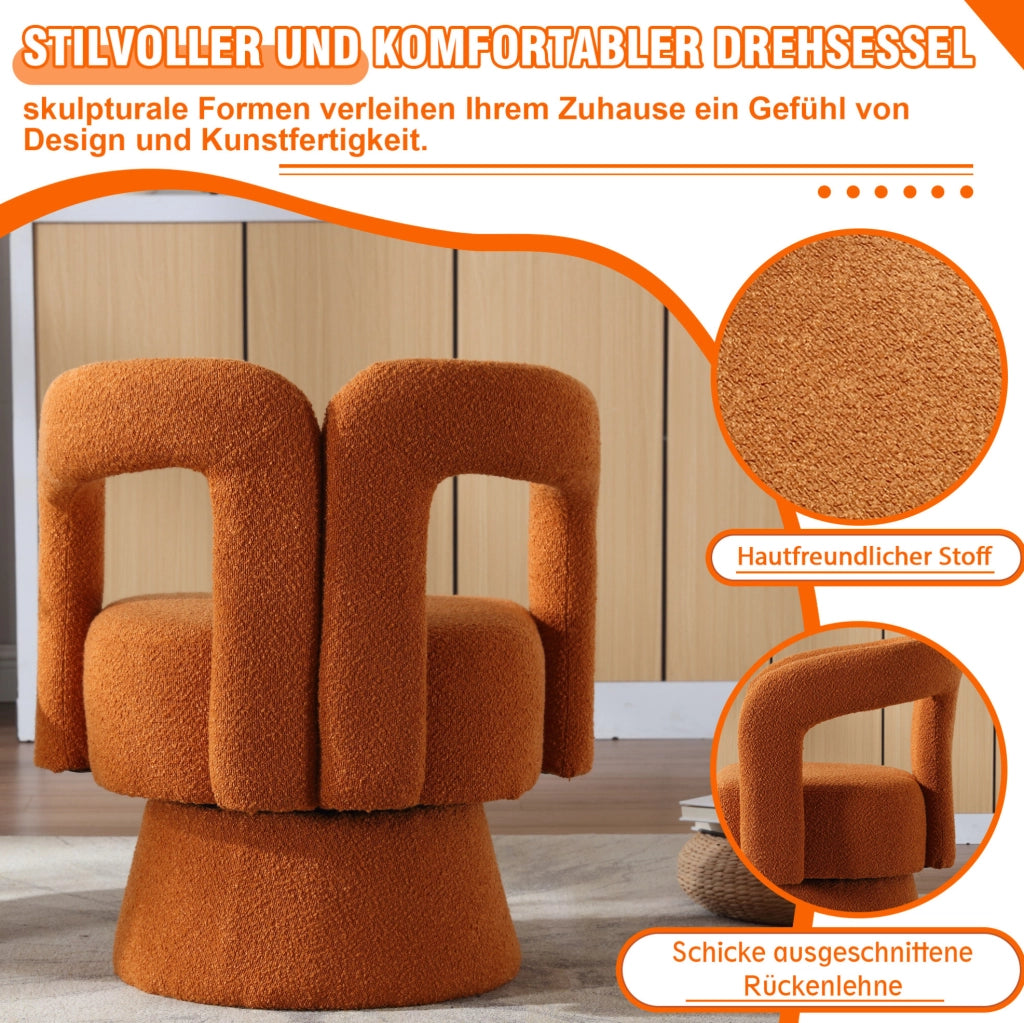 Poltrona girevole 360° in bouclé arancione; 67x55x74 cm; con base in metallo