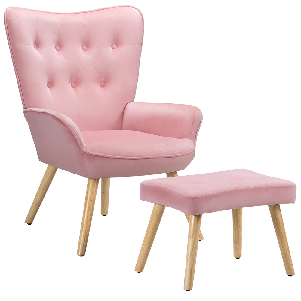 Poltrona Stile Scandinavo con Schienale Alto e Poggiapiedi In Velluto e Gambe in Legno Rosa