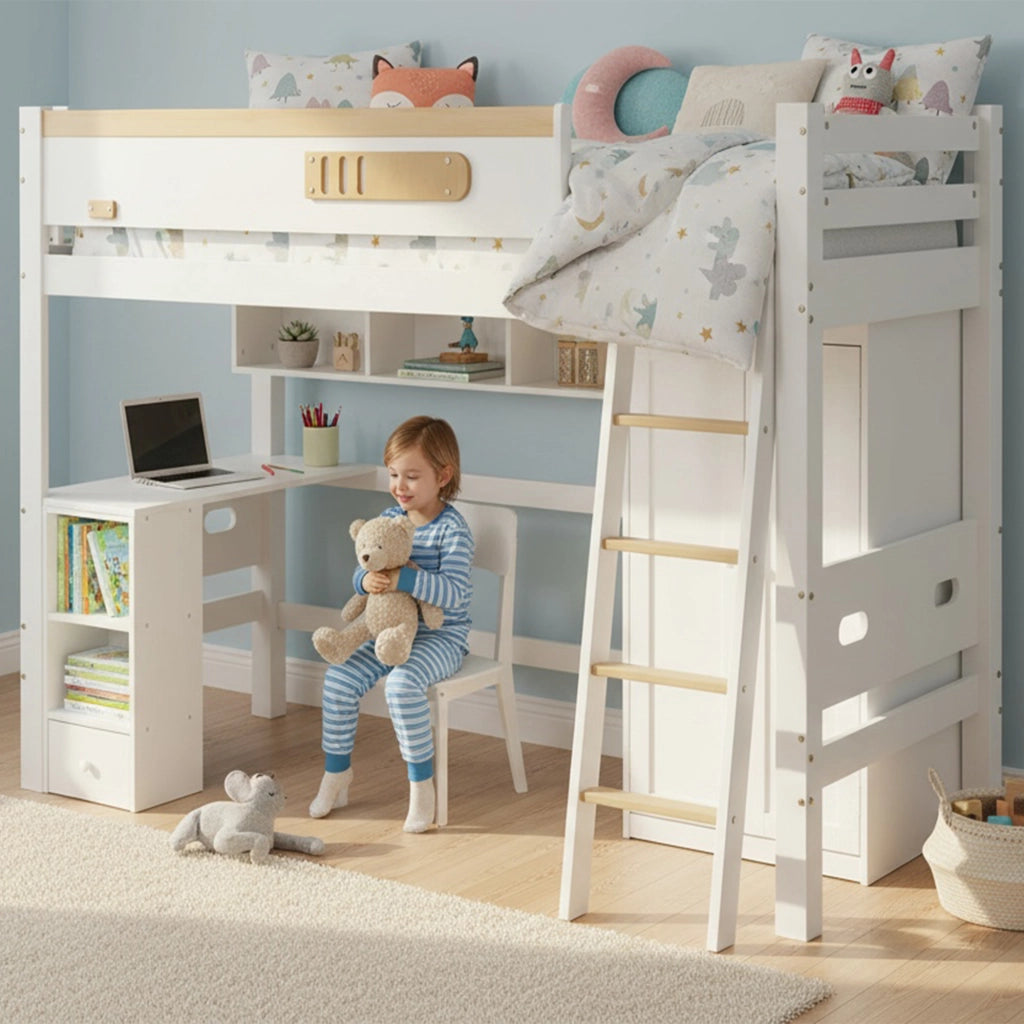 DESMIU Letto a castello Letto singolo 1 posto con scrivania, armadio e scaffali, 90 × 200 cm, senza materasso