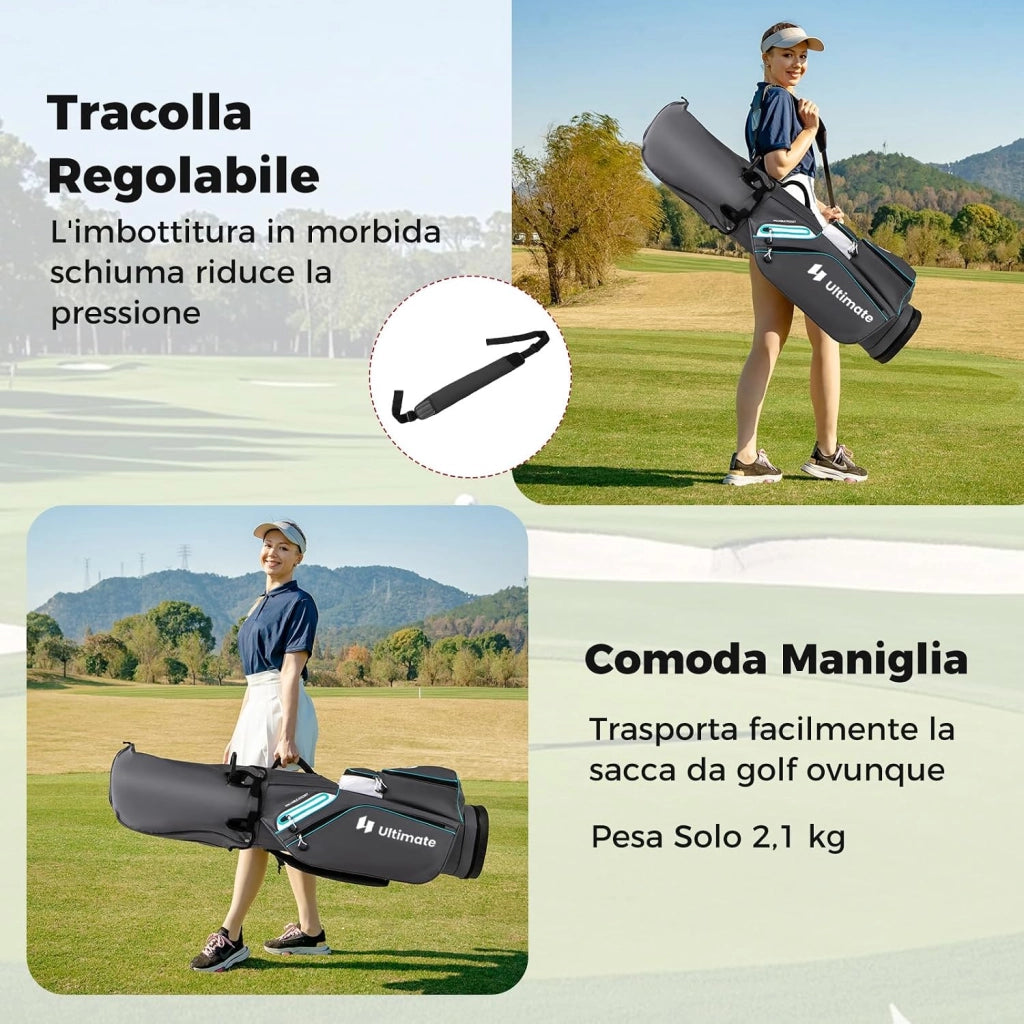 Borsa da Golf per Carrello con 14 Scomparti, Organizzatore Portatile per Mazze da Golf con Tasca Frigo, Tracolla Regolabile, Cappuccio Antipioggia e Porta Ombrello per Uomo e Donna