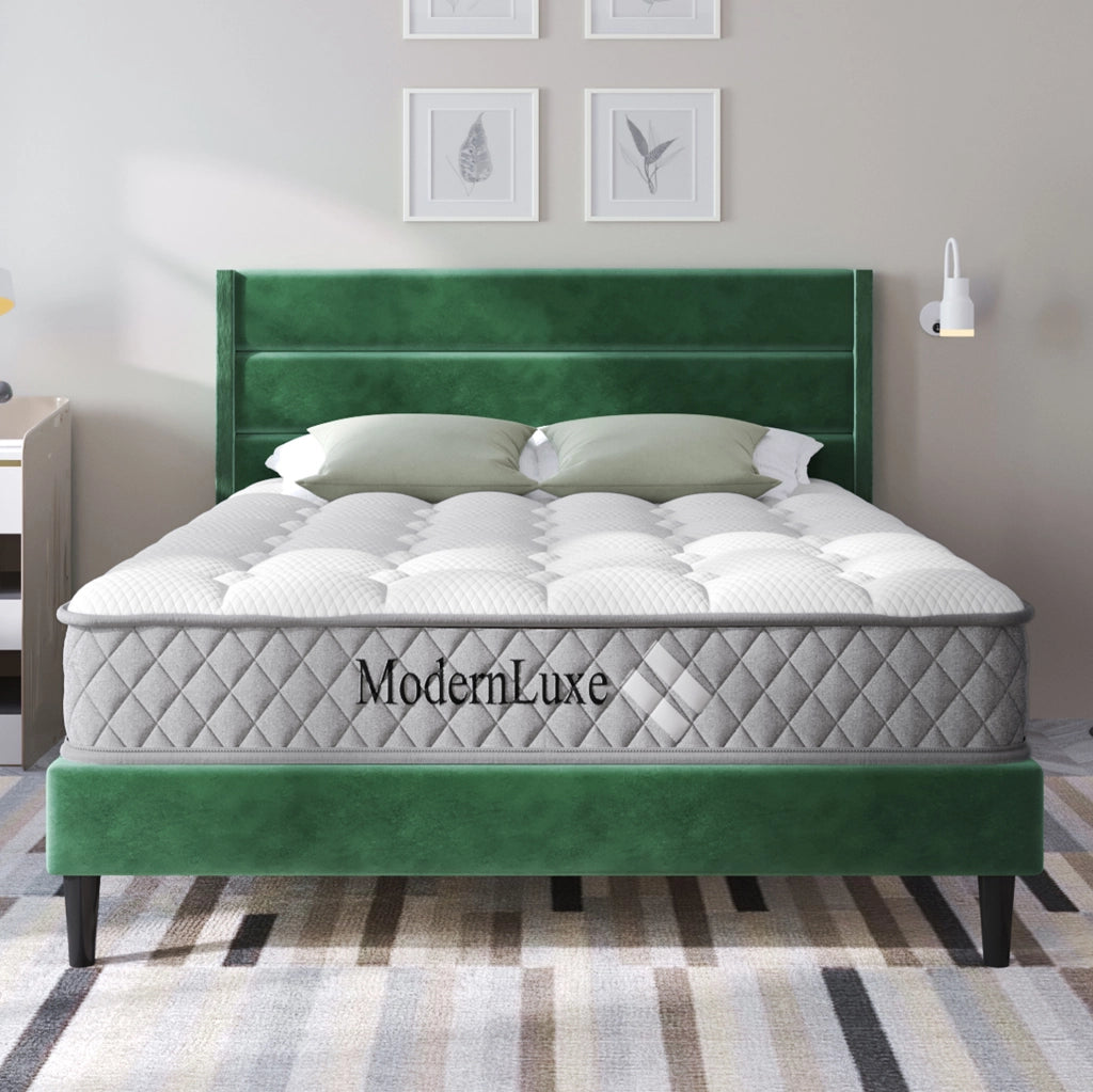 Letto imbottito 140x200 cm con materasso ortopedico a 7 zone; velluto verde scuro