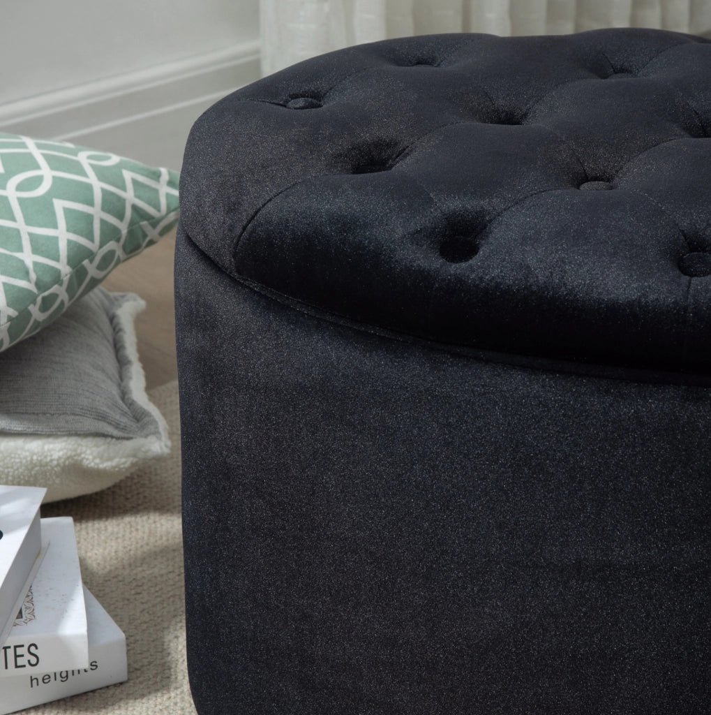 Pouf contenitore ovale imbottito 71x52x42 cm in poliestere nero