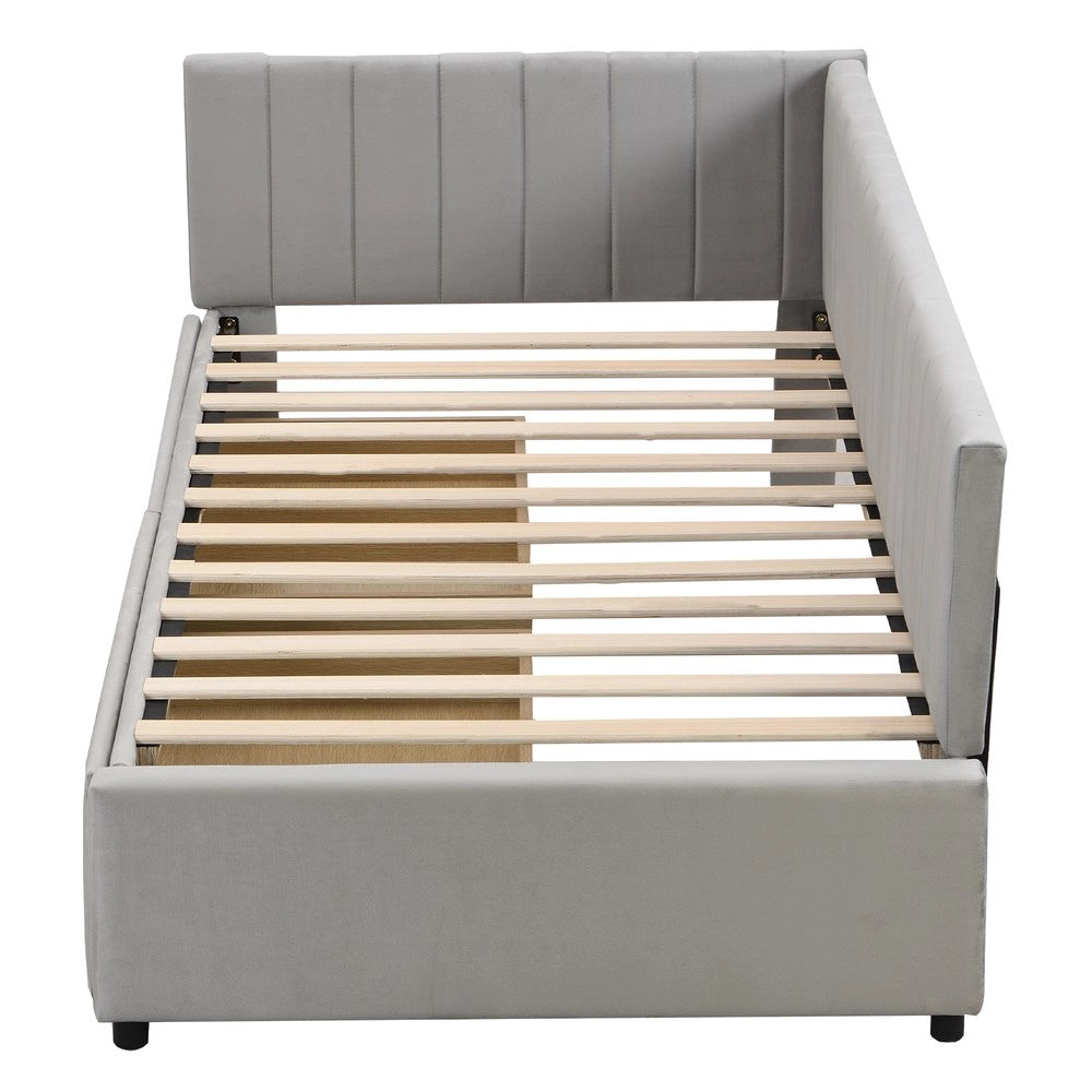 Letto imbottito con cassetti e rete a doghe ¨C Minimal ¨C velluto grigio 90x200 cm