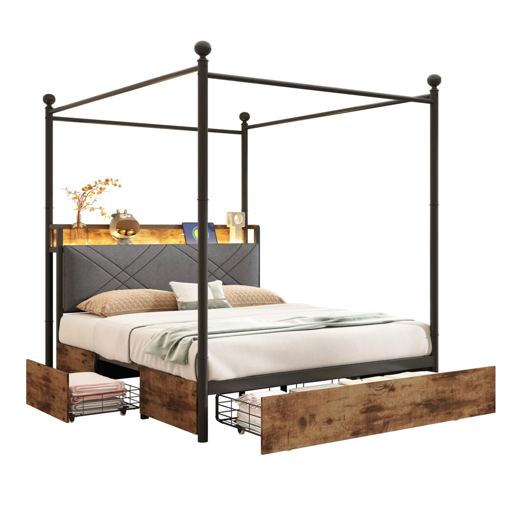 Letto matrimoniale multifunzione 140x190 cm in metallo nero con baldacchino removibile; USB e LED