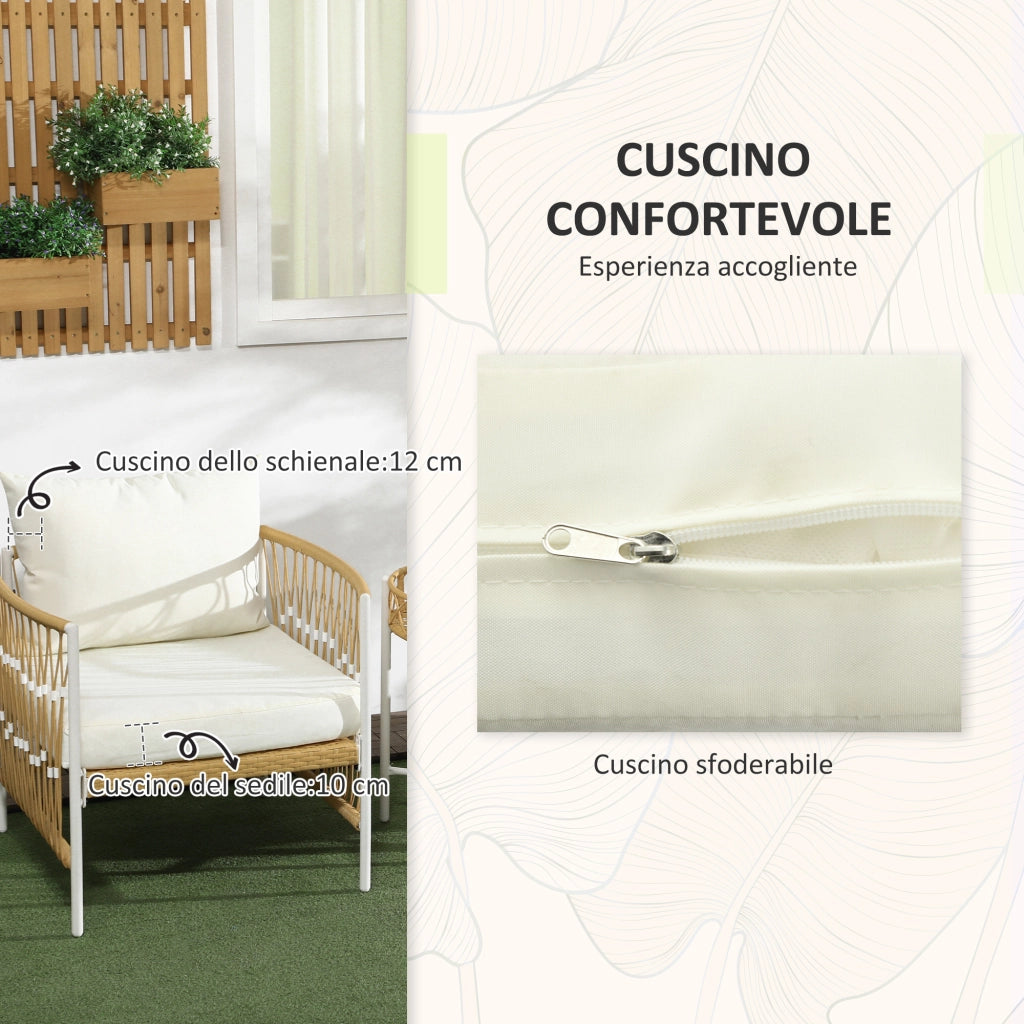 Set da Giardino Stile Boho in Rattan con 2 Sedie con Cuscini e Tavolino Rotondo. Giallo