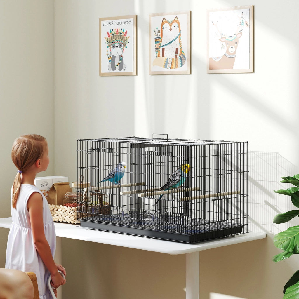 Gabbia per Uccelli con Divisorio 4 Mangiatoie 4 Posatoi ¨C zephmum ¨C Nero 76x46x46 cm