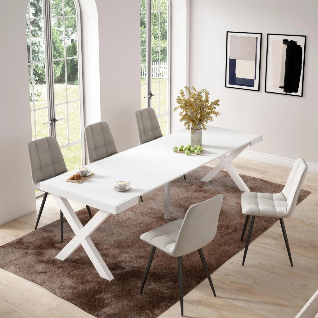 Consolle allungabile, 58 fino 262x90x73cm, Per 12 persone, Gambe in legno, Bianco RF2816