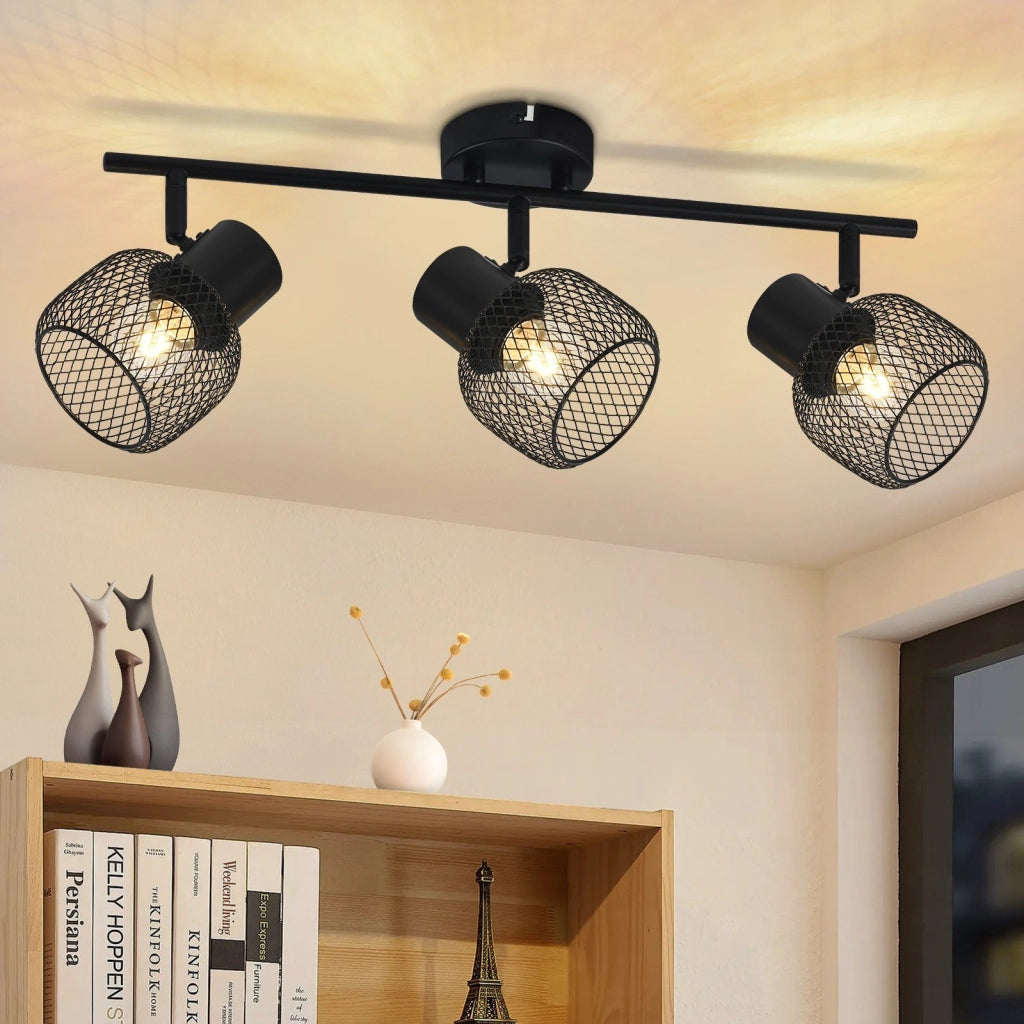 ZMH Lampada da soffitto 3 faretti orientabili E27 metallo nero stile retrò 25W per soggiorno corridoio cucina cameretta