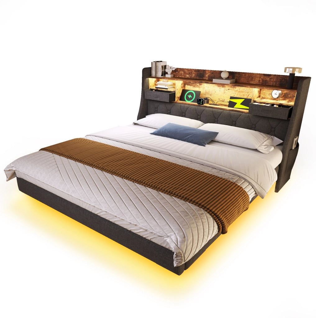 Letto matrimoniale 140x200 cm in lino grigio con LED; testiera con ricarica USB e vani portaoggetti