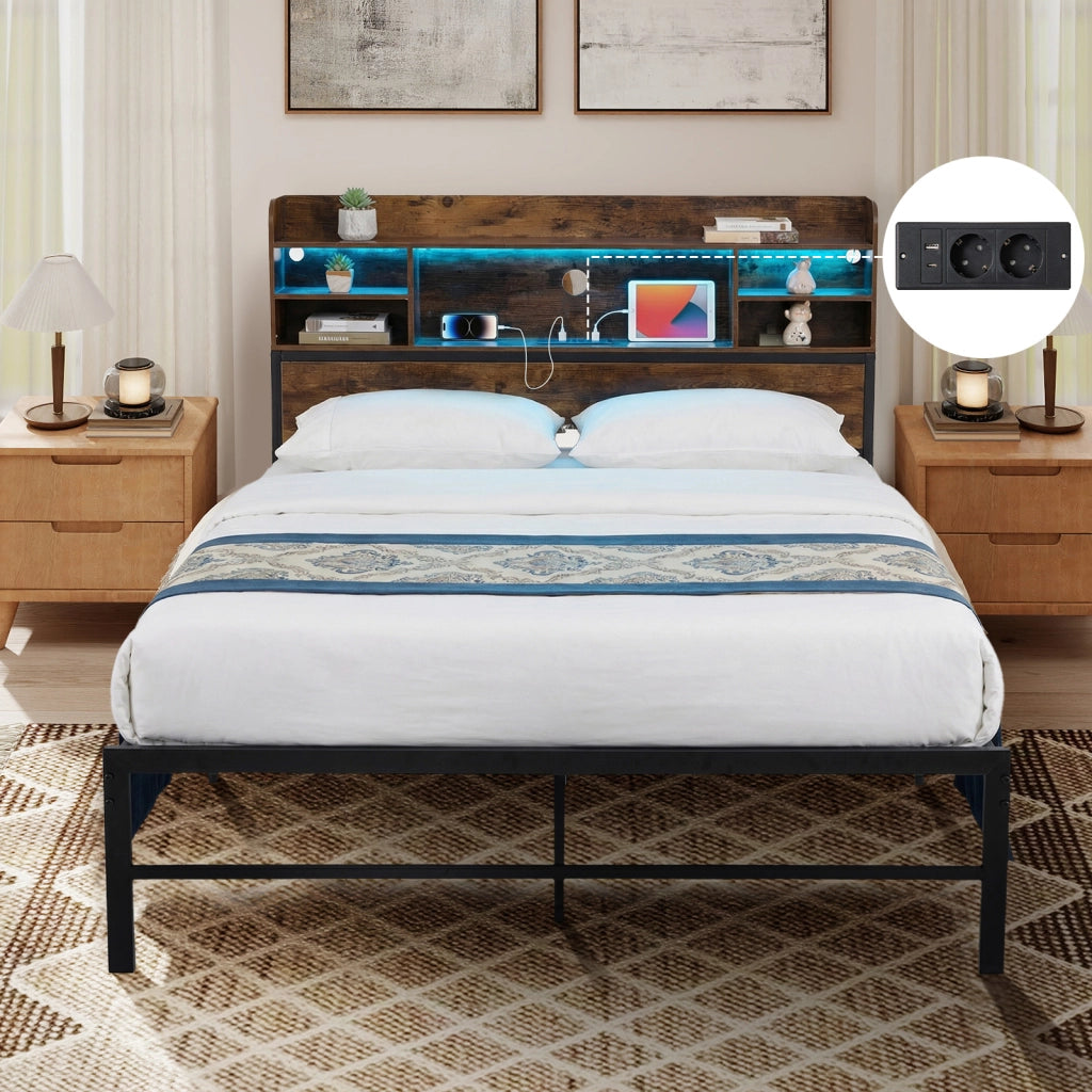 Telaio letto matrimoniale metallo piattaforma luci led 16 colori 4 modalità-Telaio ricarica ripiani portaoggetti luminosità velocità regolabili