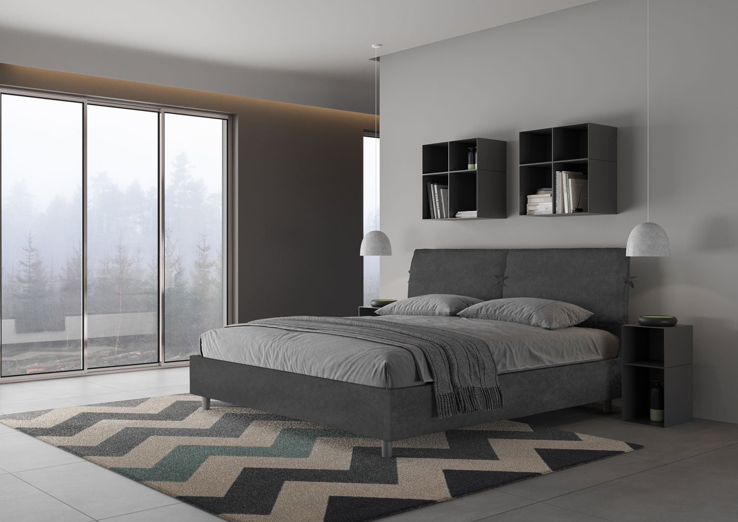 Letto Matrimoniale King Size 180x210 cm con Rete e Contenitore Testata con Cuscini Imbottito in Microfibra Mados Grigio