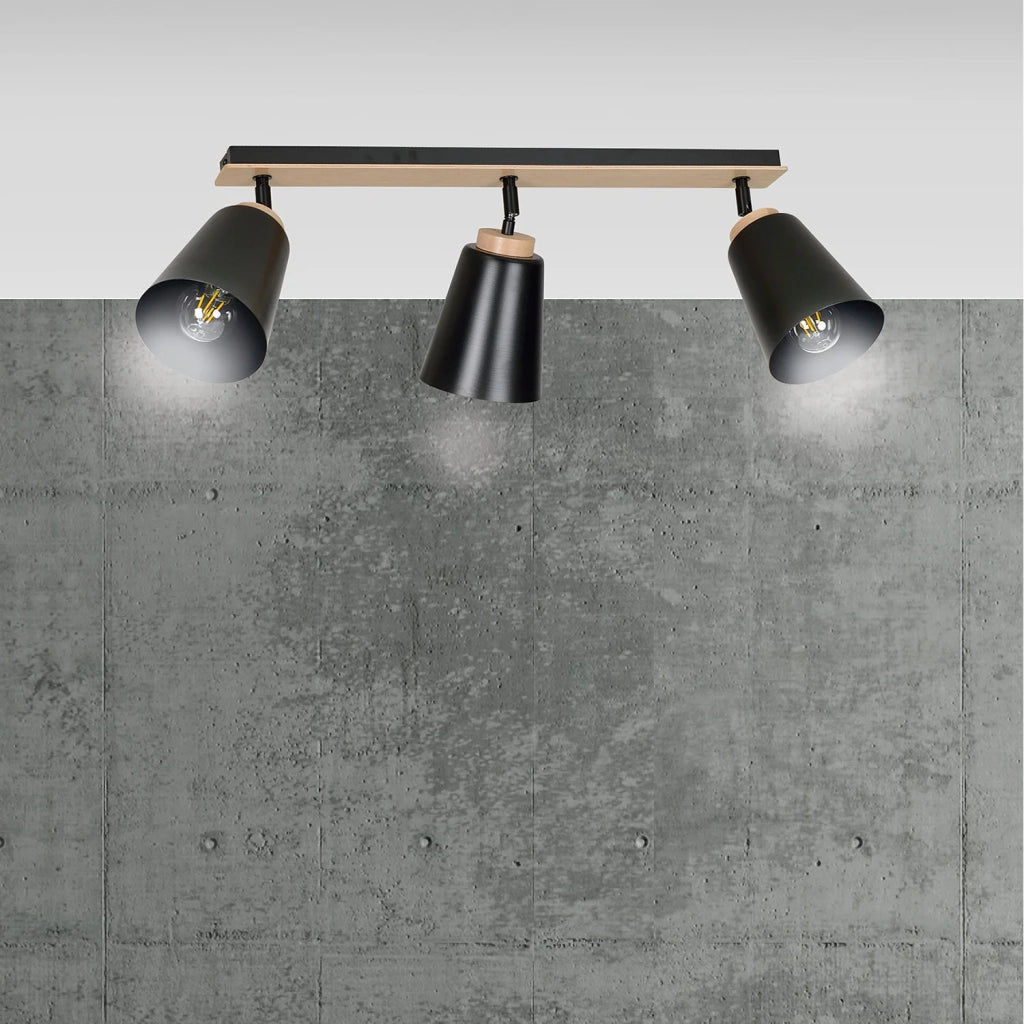 Plafoniera Faretti Spot Orientabili 3 Luci Xiwangmu Acciaio Nero E Legno Naturale