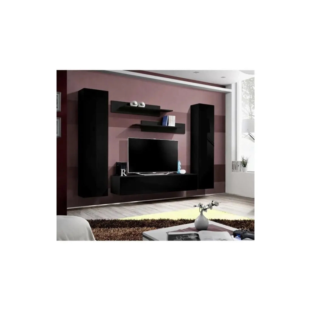 Mobile TV FLY A1 design, colore nero lucido. Mobile sospeso moderno e alla moda per il tuo soggiorno.