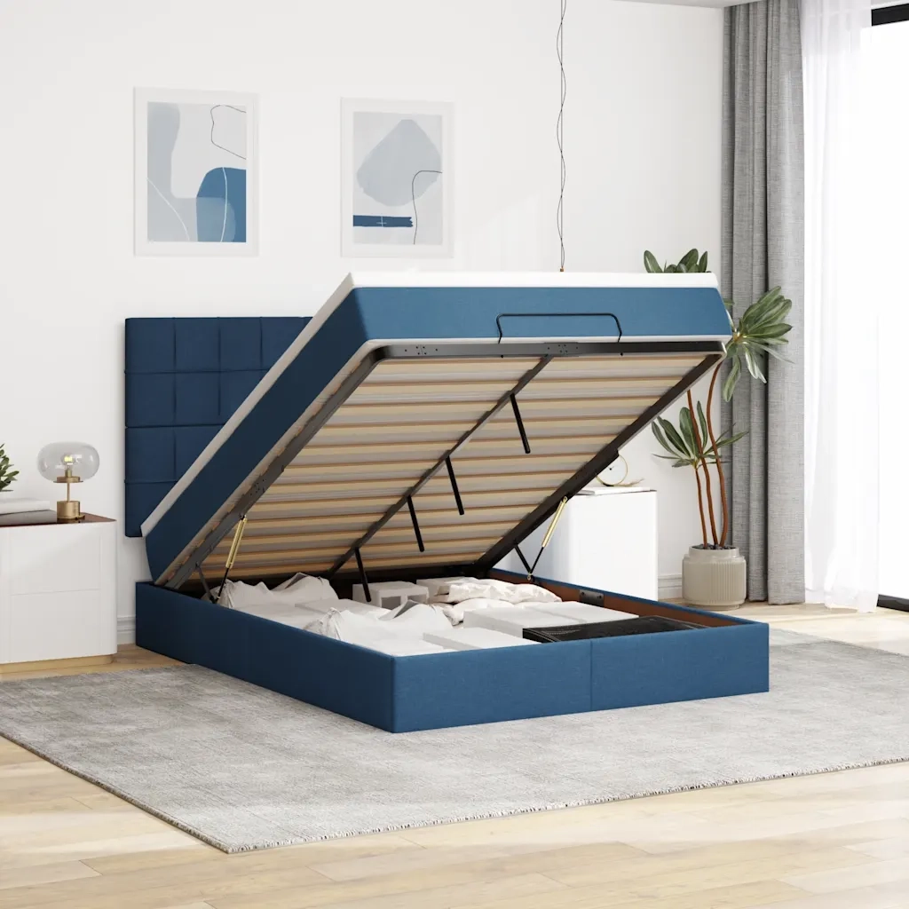 Struttura Letto Pouf con Materasso Blu 140x200cm in Tessuto 3313167