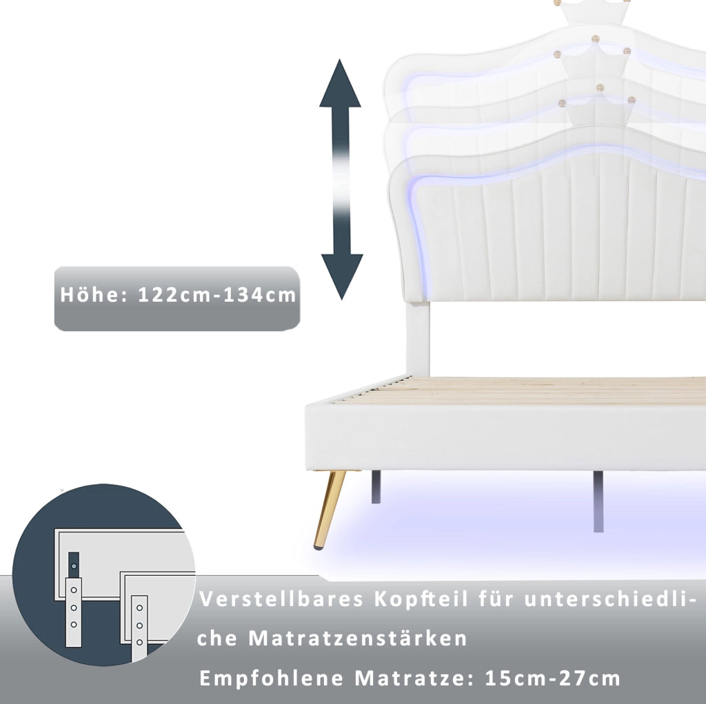 Letto per bambini 90x200 cm con LED; testiera regolabile e rete; bianco