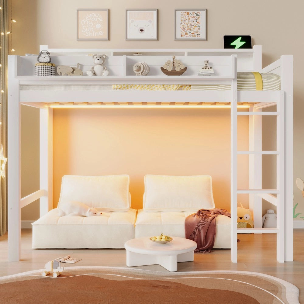 Letto a Soppalco in Legno con LED e USB ¨C MINIMAL ¨C Bianco 90x200
