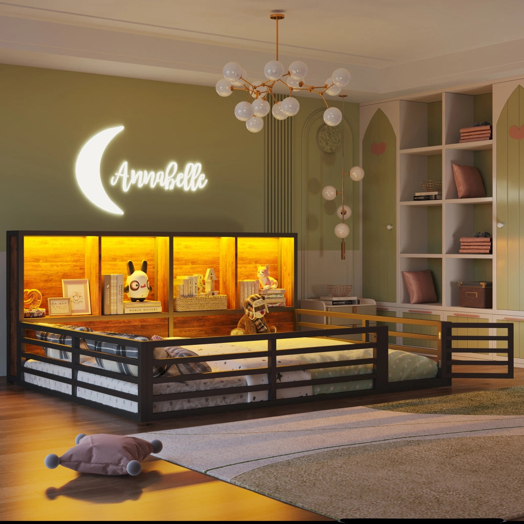 Letto matrimoniale 140×200 cm con barriera apribile; vani laterali e LED; senza materasso; metallo; nero
