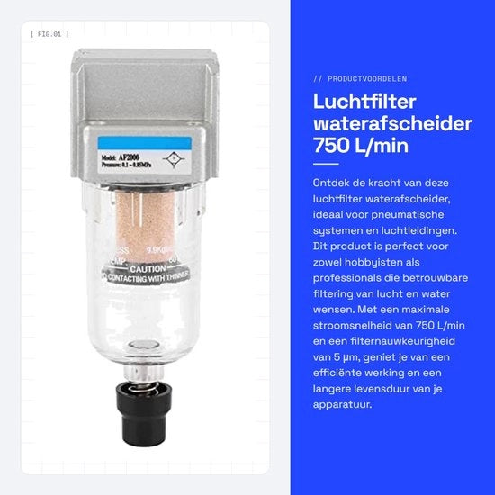 Unità di filtro dell'aria 750 L/min - Separatore d'acqua - Sistema pneumatico - G1/4 pollice - Precisione del filtro 5 μm - Scarico automatico - Unità di filtro dell'aria