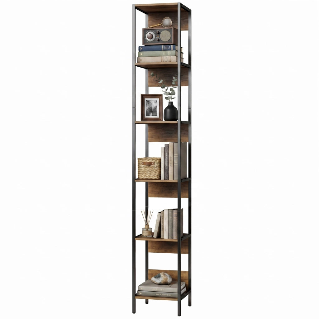 Libreria Verticale Salvaspazio 6 Ripiani 29,5x30x185 cm Marrone e Acciaio Nero