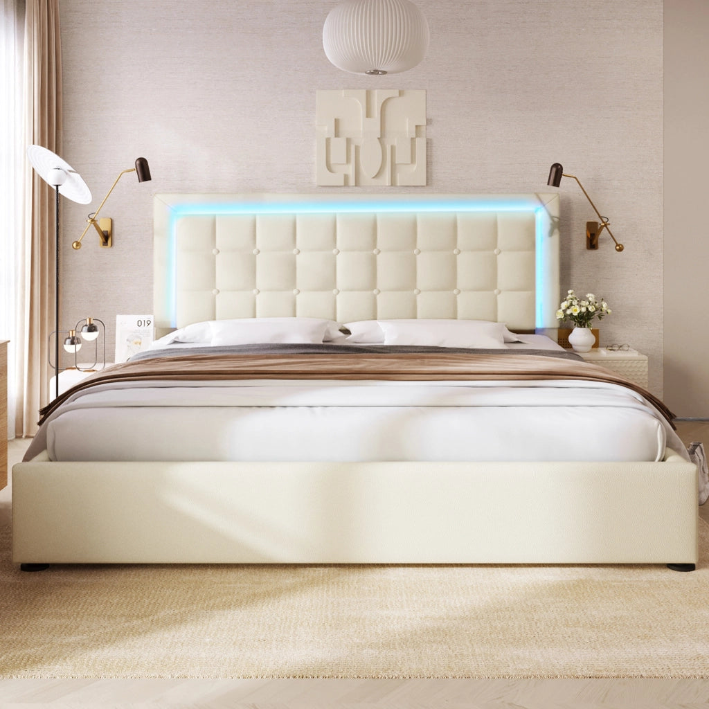 Letto contenitore matrimoniale 160 × 200 cm con LED, vano idraulico, con materasso, bianco