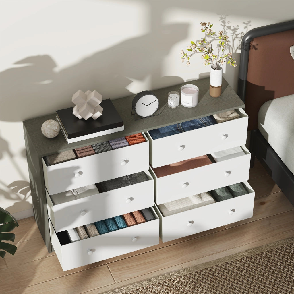 Cassettiera con 6 Cassetti in Tessuto 114x30x70 cm con Maniglie Doppie Struttura in MDF Bianco e Grigio