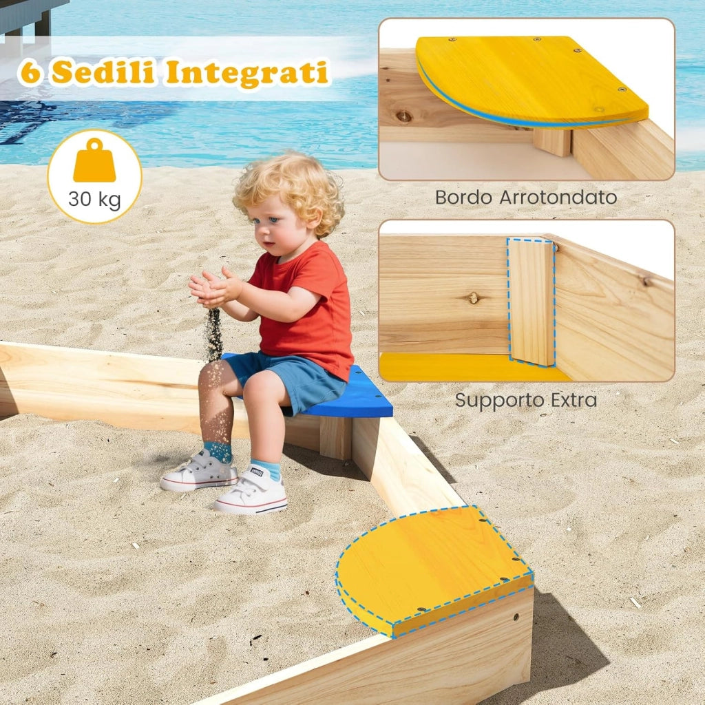 Sabbiera in Legno per Bambini, Combo Piscina di Sabbia e Fioriera Aperta con 6 Sedili per Giardino, 140 x 122 x 14 cm, per Bambini 3 Anni+