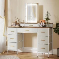 Toeletta con specchio e luci LED a 3 colori, con 10 cassetti in tessuto, 118,5 x 39,5 x 140 cm Legno naturale