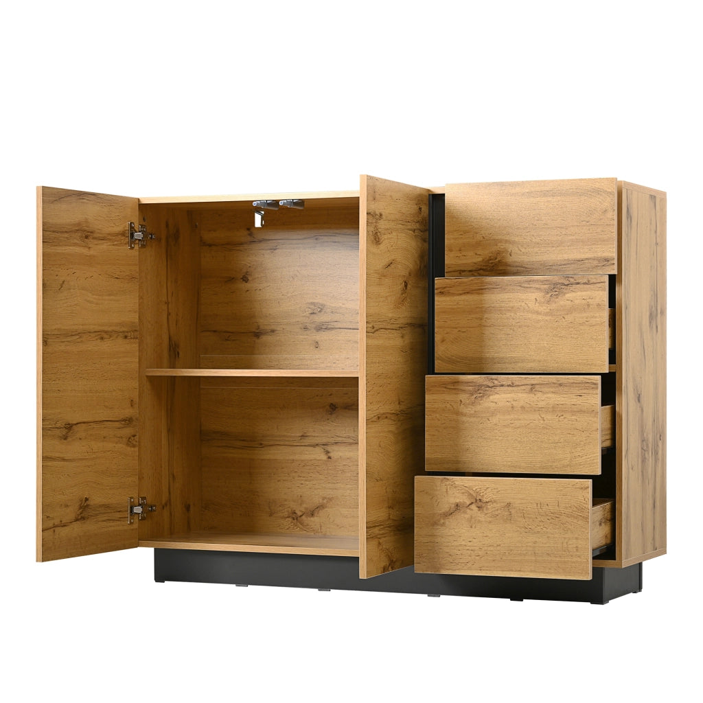 Credenza con 2 Ante e 4 Cassetti; Apertura a Pressione; Stile Moderno; in Pannello Truciolare; 120??35;5??90;5 cm; Nero e Naturale