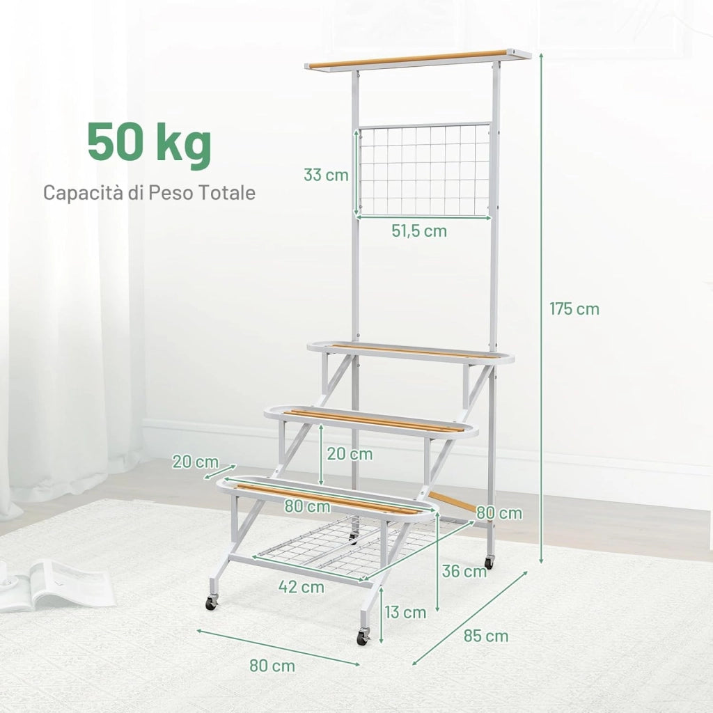 Scaffale per Piante da Interno ed Esterno, Porta Piante a 4 Livelli con Ruote, Barra e Traliccio, Portafiori da Soggiorno, Balcone, Giardino e Terrazzo, 80 x 85 x 175 cm