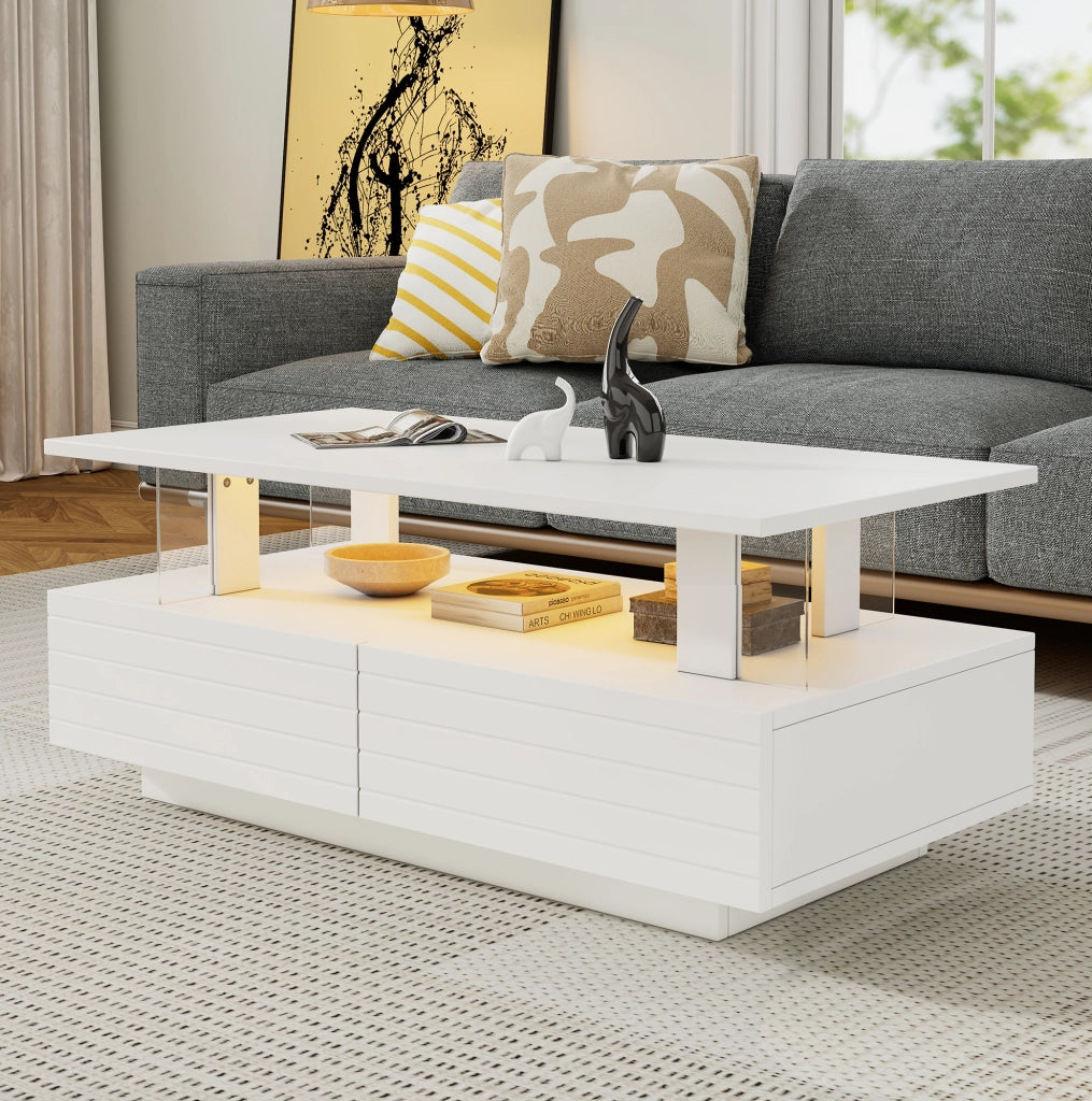 Tavolino da caffè LED con 2 cassetti e ripiano aperto; 100 x 50 x 42 cm; bianco