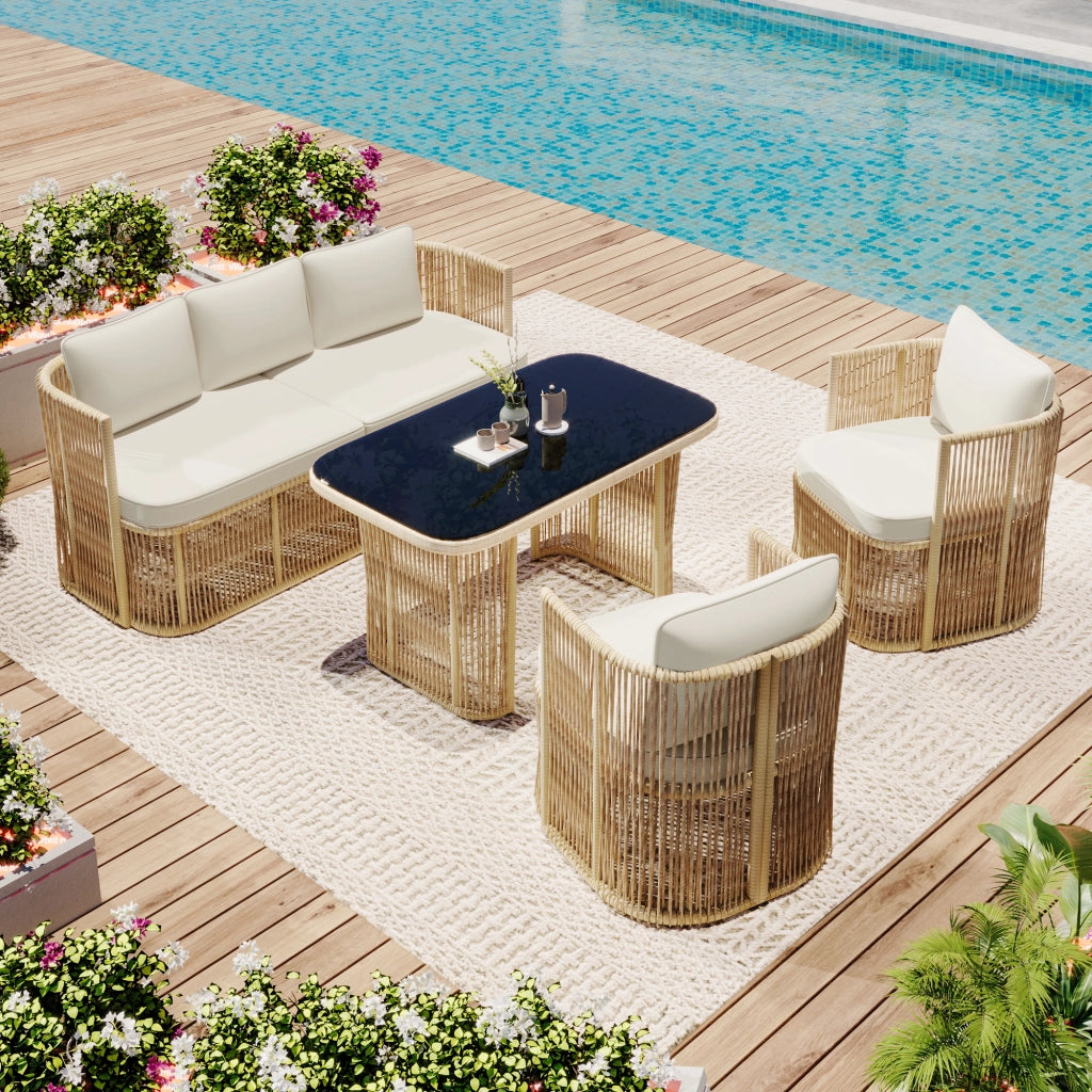 Set di mobili da giardino in rattan in PE a 5 pezzi con divano a 3 posti 2 poltrone e tavolo di vetro ¨C Set soggiorno esterno con cuscini in poliestere struttura in acciaio e piano in vetro temperato per patio e balcone