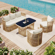 Set di mobili da giardino in rattan in PE a 5 pezzi con divano a 3 posti 2 poltrone e tavolo di vetro ¨C Set soggiorno esterno con cuscini in poliestere struttura in acciaio e piano in vetro temperato per patio e balcone