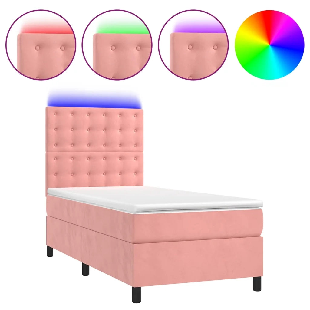 Letto a Molle con Materasso e LED Rosa 90x190 cm in Velluto 3136340