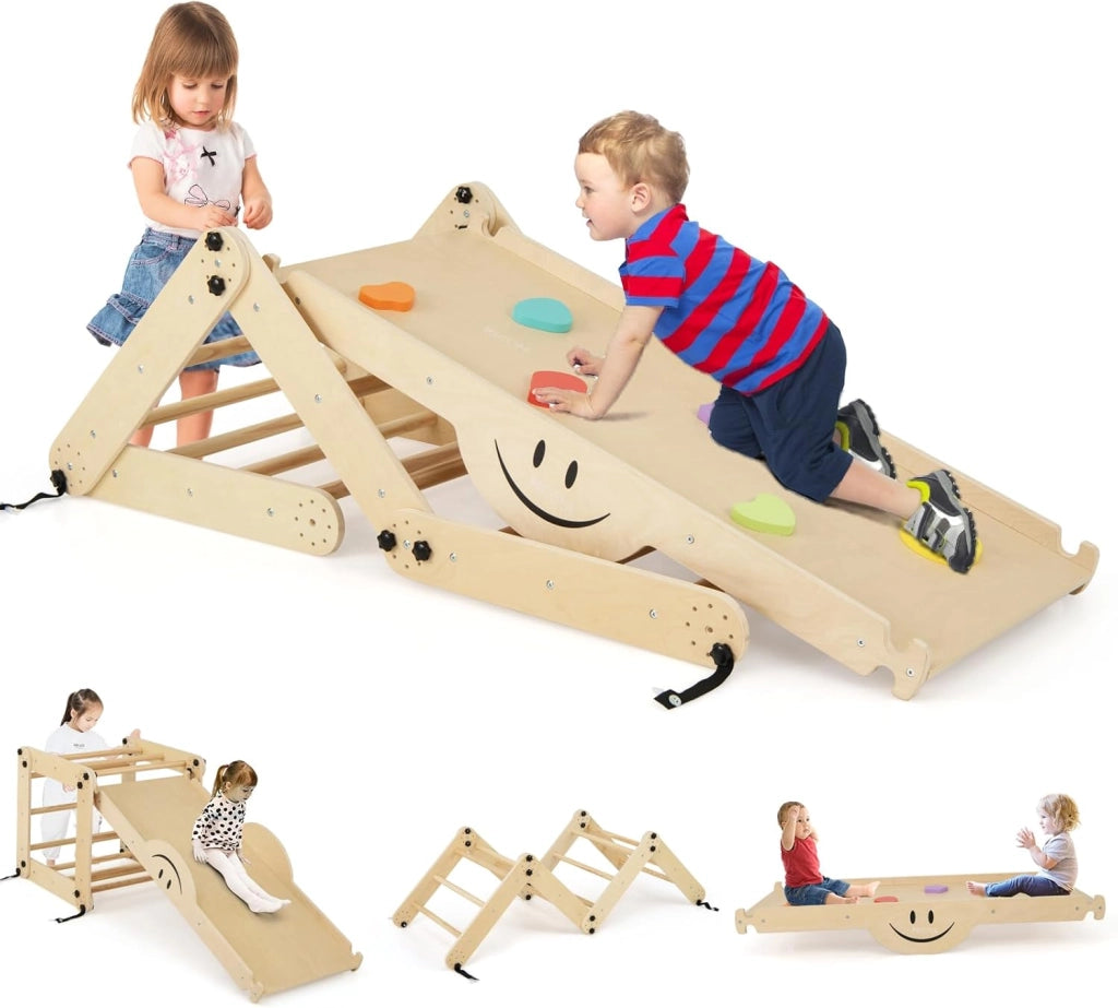 5 in 1 Set da Arrampicata per Bambini, Giochi da Arrampicata Pieghevoli in Legno con Rampe Regolabili e Reversibili, Scala da Arrampicata per Bambini 3+ Anni (Naturale)