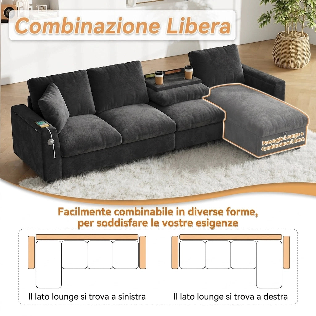 Divano angolare a L 4 posti in ciniglia grigio 280 cm con contenitore e tavolino a ribalta