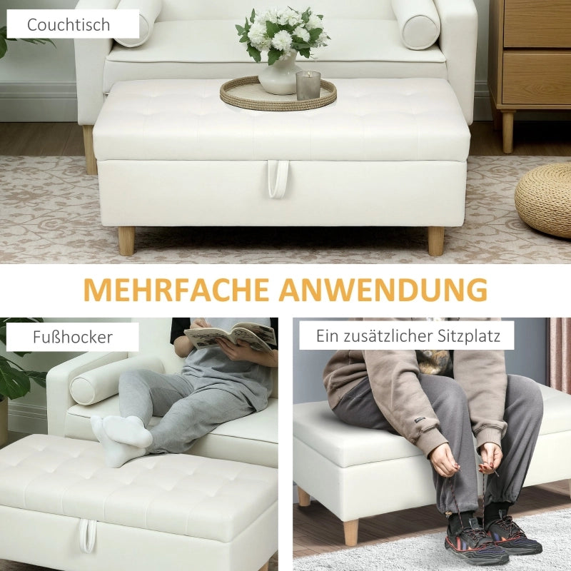 Pouf contenitore con gambe in legno massello e seduta in poliestere, spazio portaoggetti per soggiorno, bianco crema