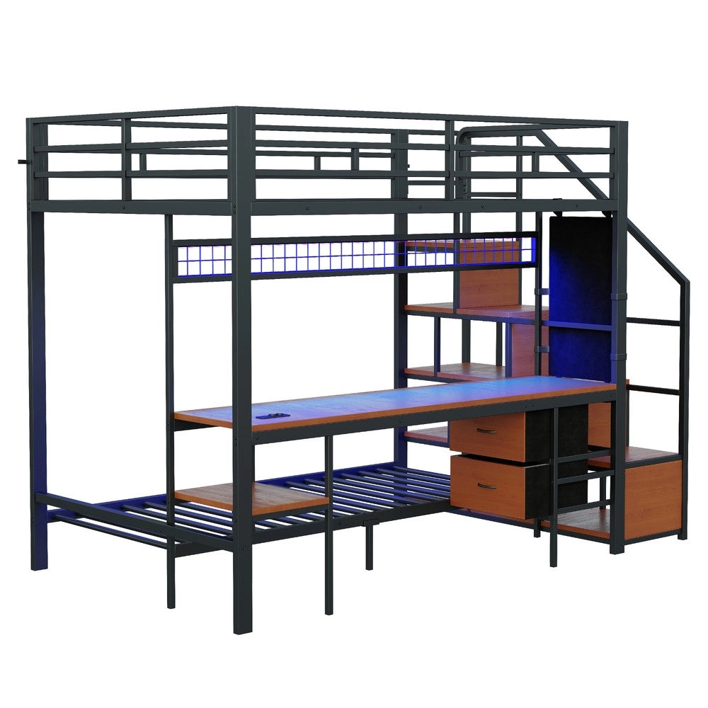 Letto a Castello Soppalco con Scrivania e LED ¨C MINIMAL ¨C Metallo Nero 140x200 90x200