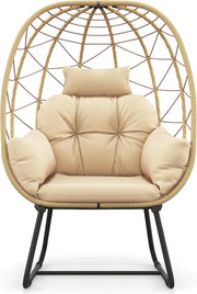 Sedia a Uovo in Vimini PE, Sedia da Giardino con Comodi Cuscini e Telaio Metallico Resistente, Capacità di Carico di 150 kg, Perfetta per Interno ed Esterno, Beige, Grigio (Beige)
