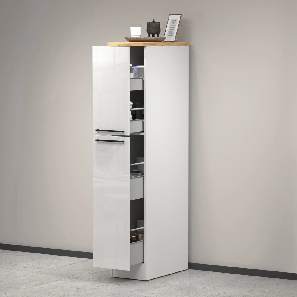 Dispensa da cucina Atrax, Mobile multiuso, Armadio portaoggetti a 2 cassettoni, 100% Made in Italy, 30x60h165 cm, Bianco lucido e Rovere