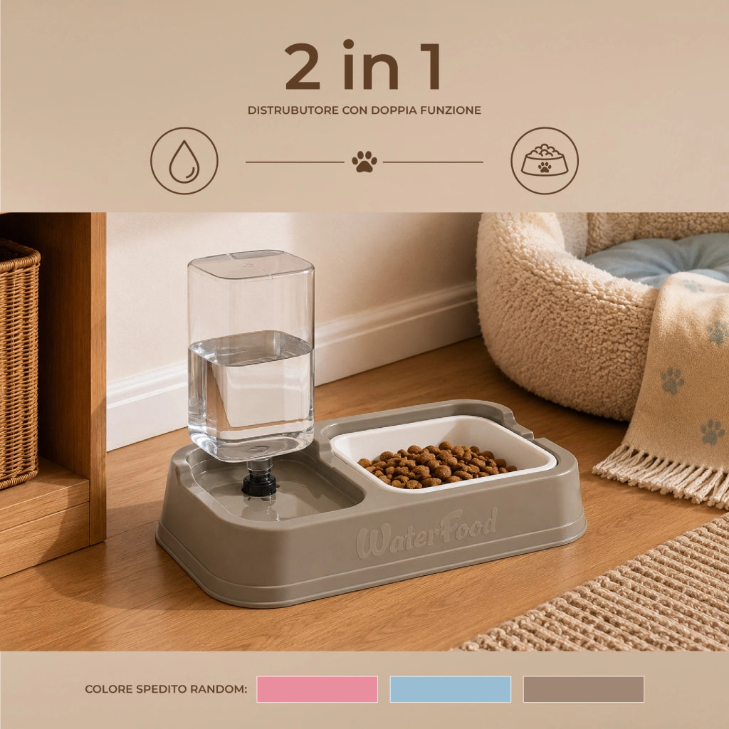 Dispenser Automatico 2 in 1 per Cani e Gatti con Abbeveratoio a Gravità e Ciotola Rimovibile, Alimentazione e Idratazione Continua, 34 x 20,5 x 7 cm, Colore Casuale