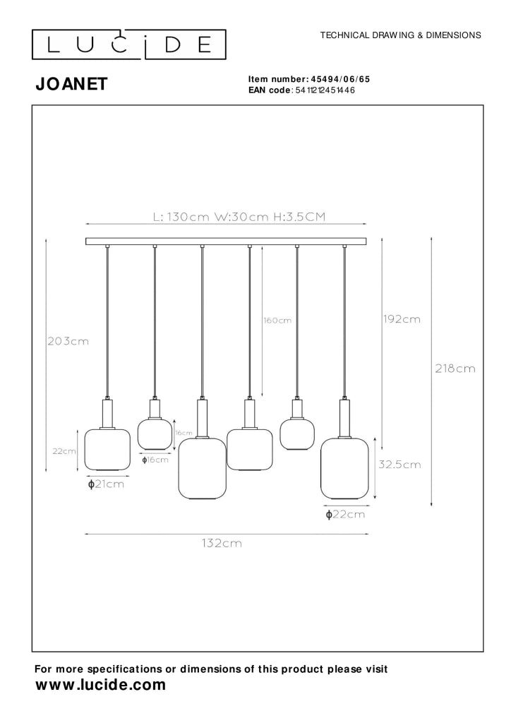 Lampadario moderno ottone vetro fumé 6xE27 Joanet Lucide
