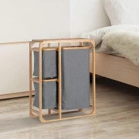 Cesto Portabiancheria con 3 Scomparti in Tessuto e Bambù, 50x32x69.7cm